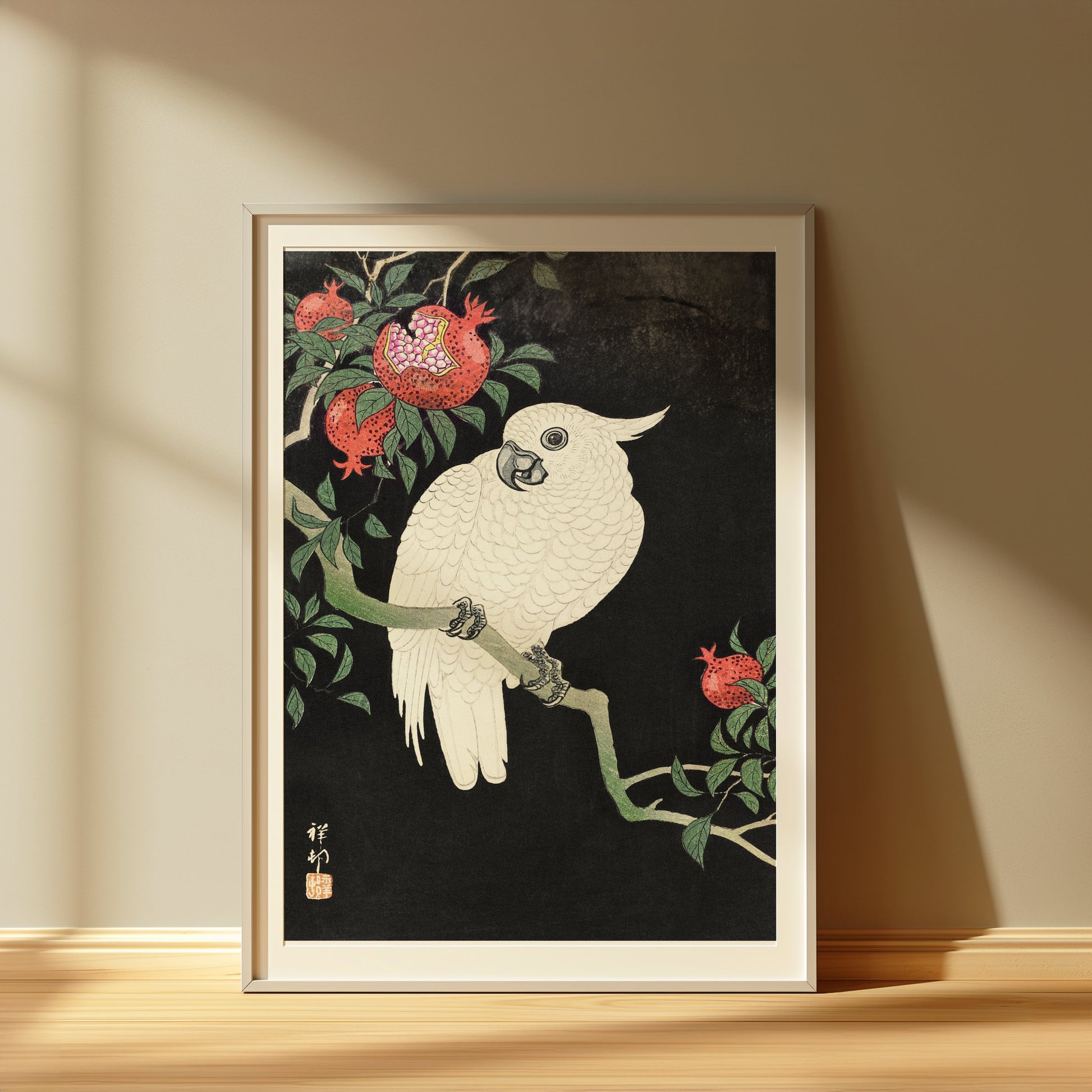 Premium Poster of Beautiful White Parrot and Pomegranate Art Posters