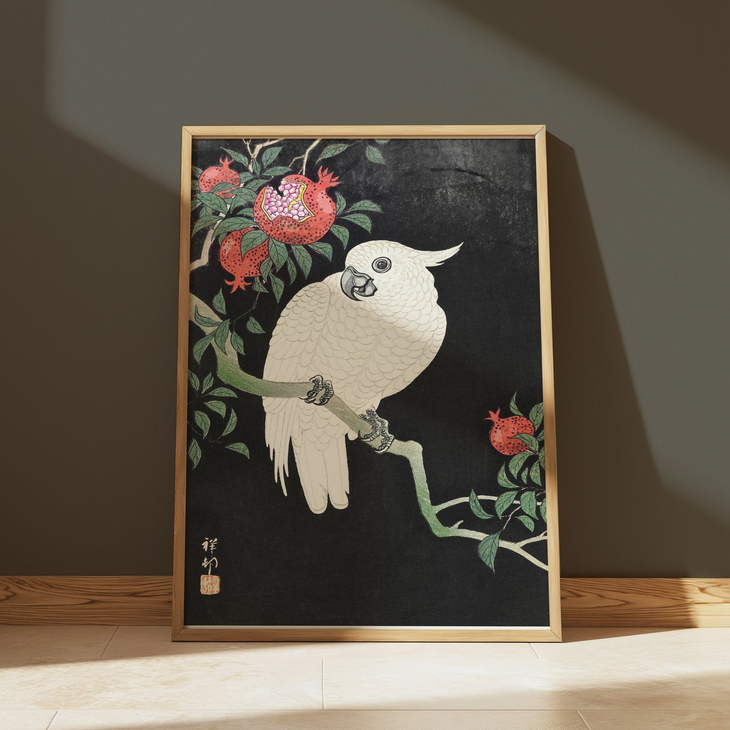 Premium Poster of Beautiful White Parrot and Pomegranate Art Posters
