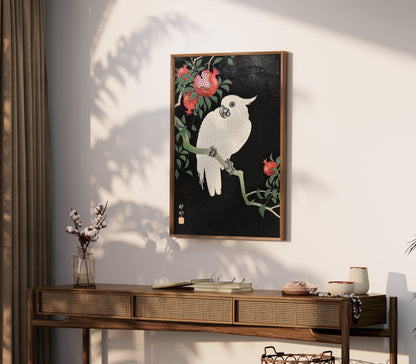 Premium Poster of Beautiful White Parrot and Pomegranate Art Posters