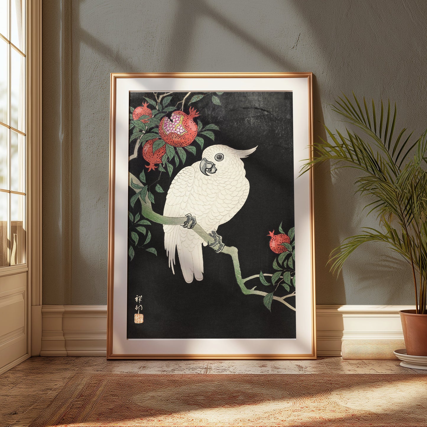 Premium Poster of Beautiful White Parrot and Pomegranate Art Posters