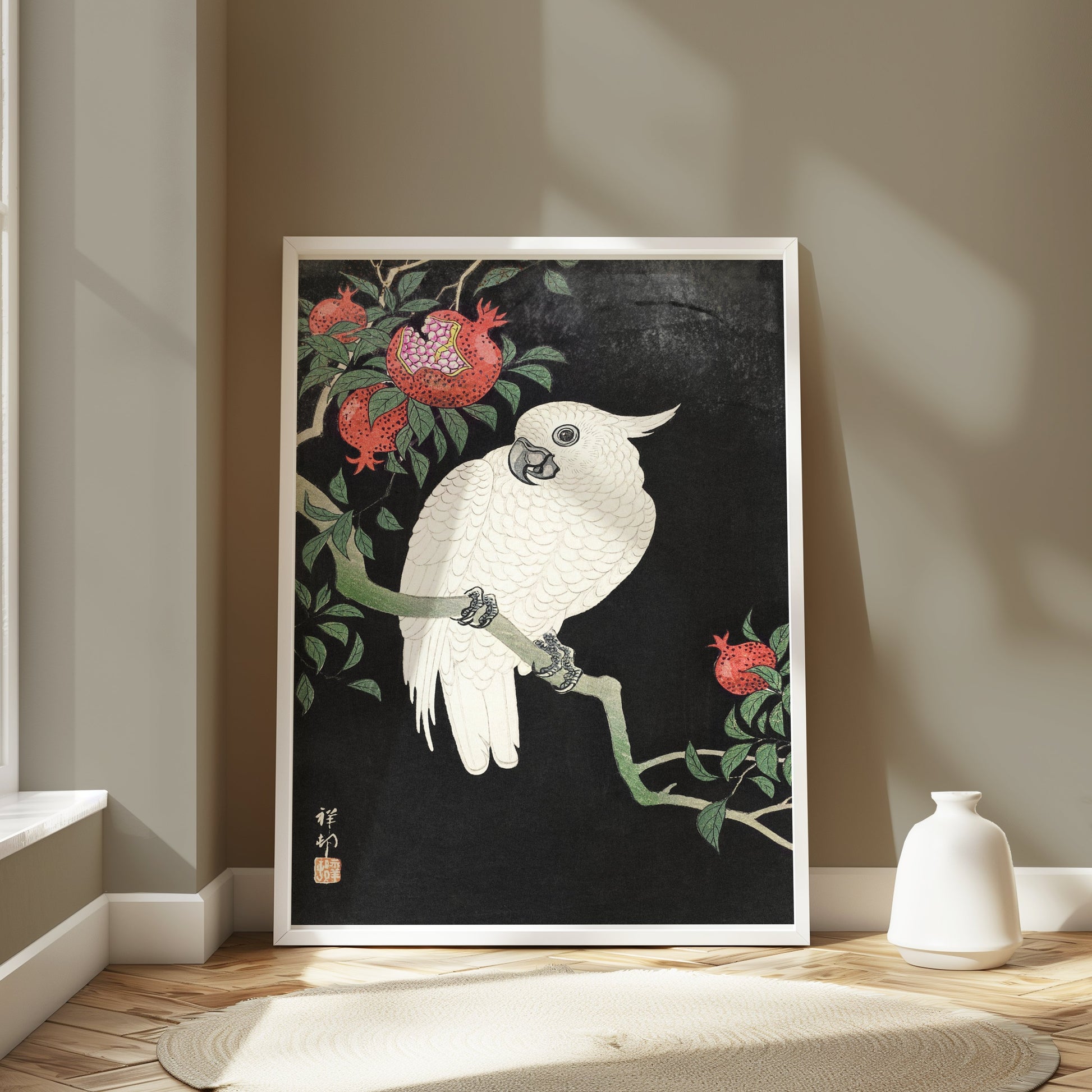 Premium Poster of Beautiful White Parrot and Pomegranate Art Posters
