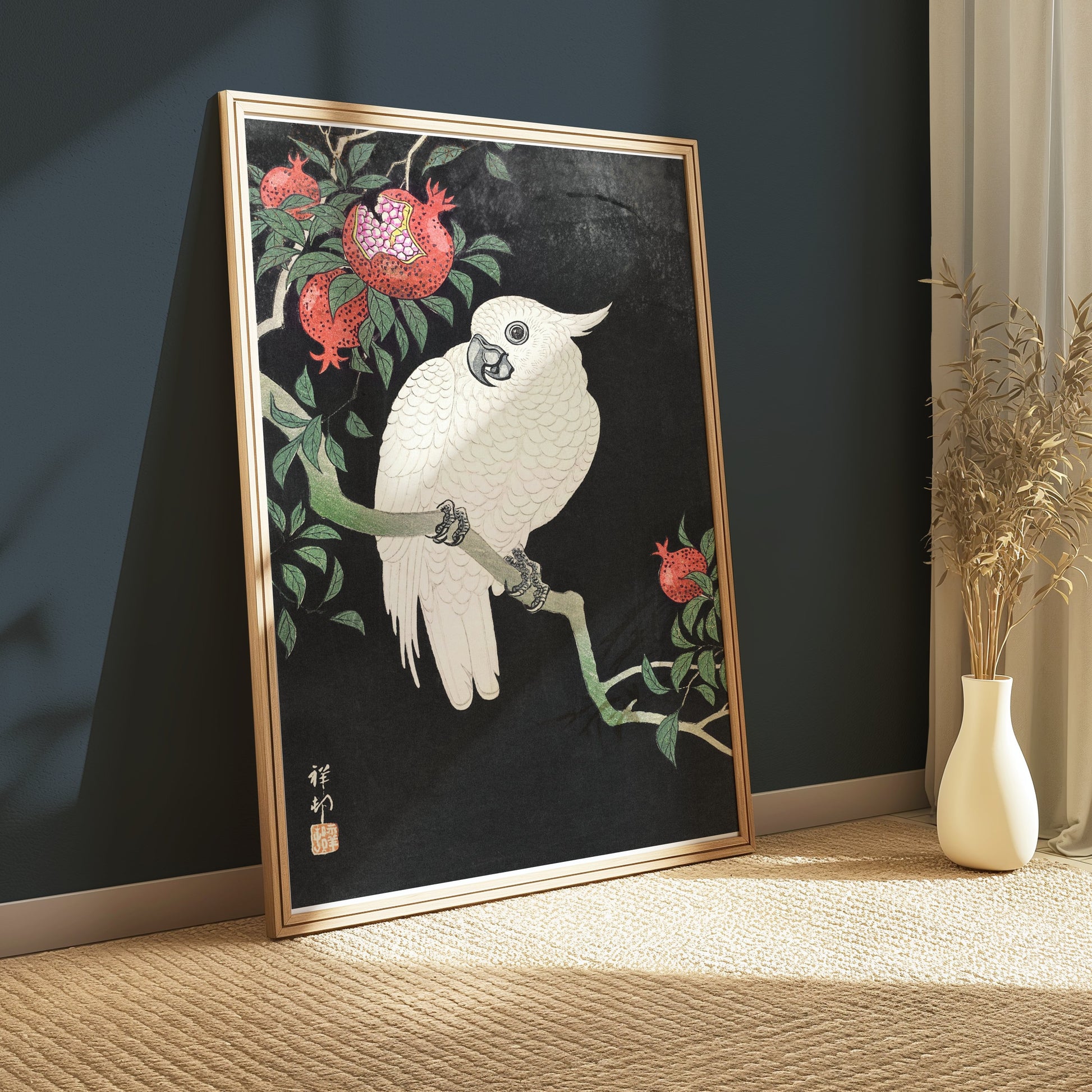 Premium Poster of Beautiful White Parrot and Pomegranate Art Posters