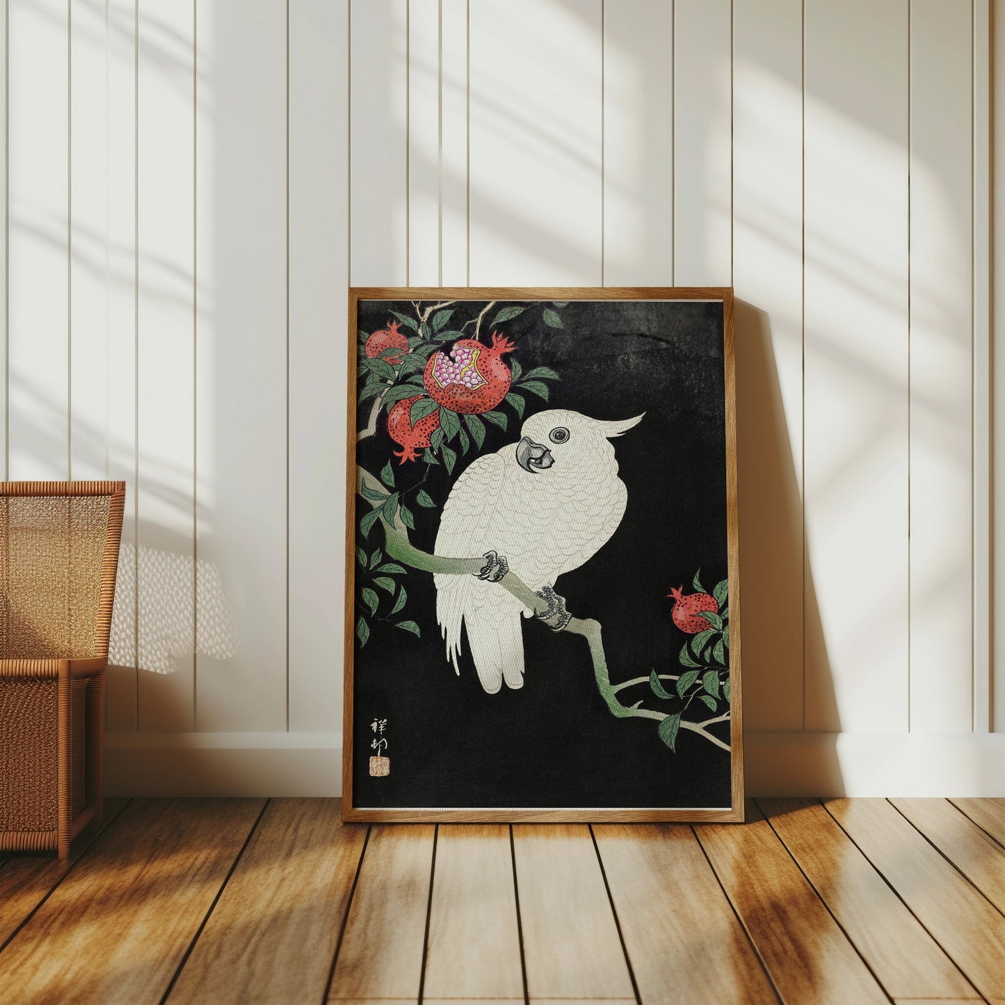 Premium Poster of Beautiful White Parrot and Pomegranate Art Posters