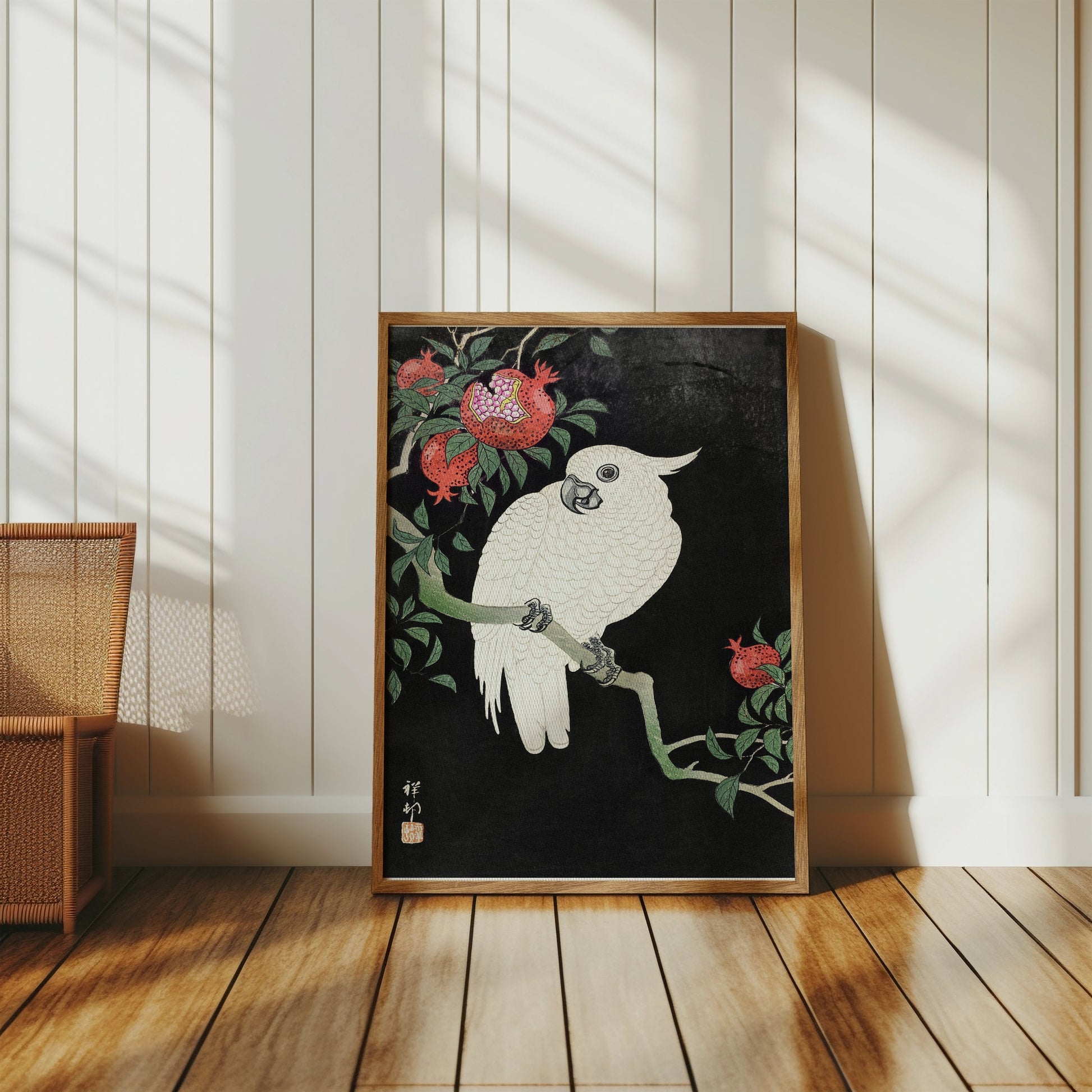 Premium Poster of Beautiful White Parrot and Pomegranate Art Posters