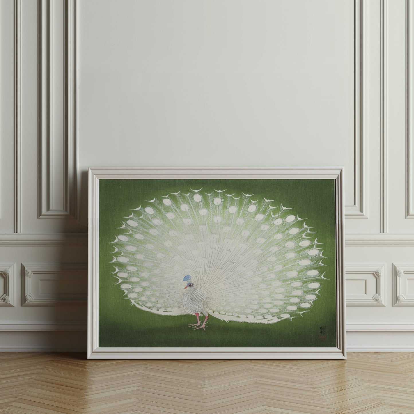 Premium Poster of Beautiful White Peacock Green Background Posters