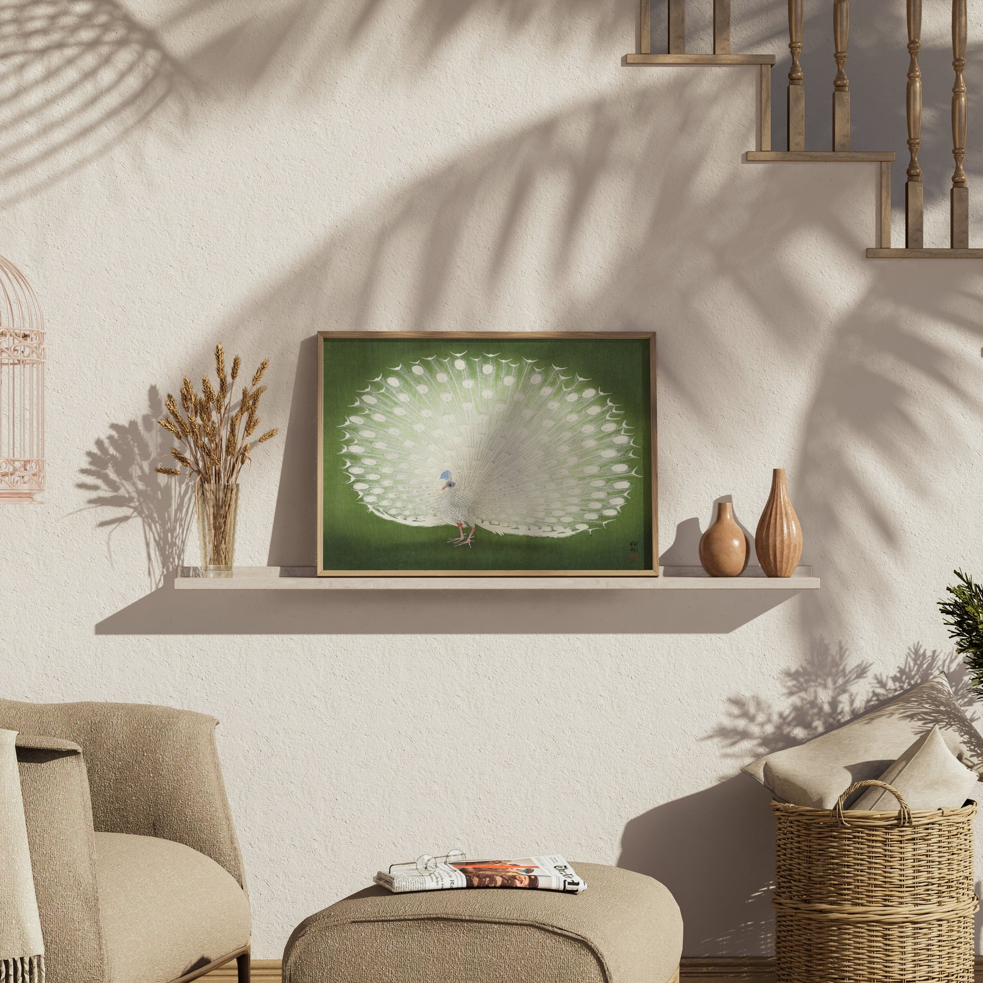 Premium Poster of Beautiful White Peacock Green Background Posters