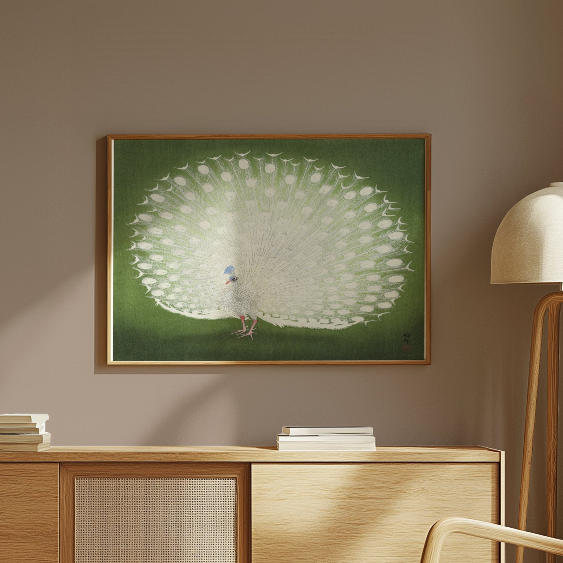 Premium Poster of Beautiful White Peacock Green Background Posters