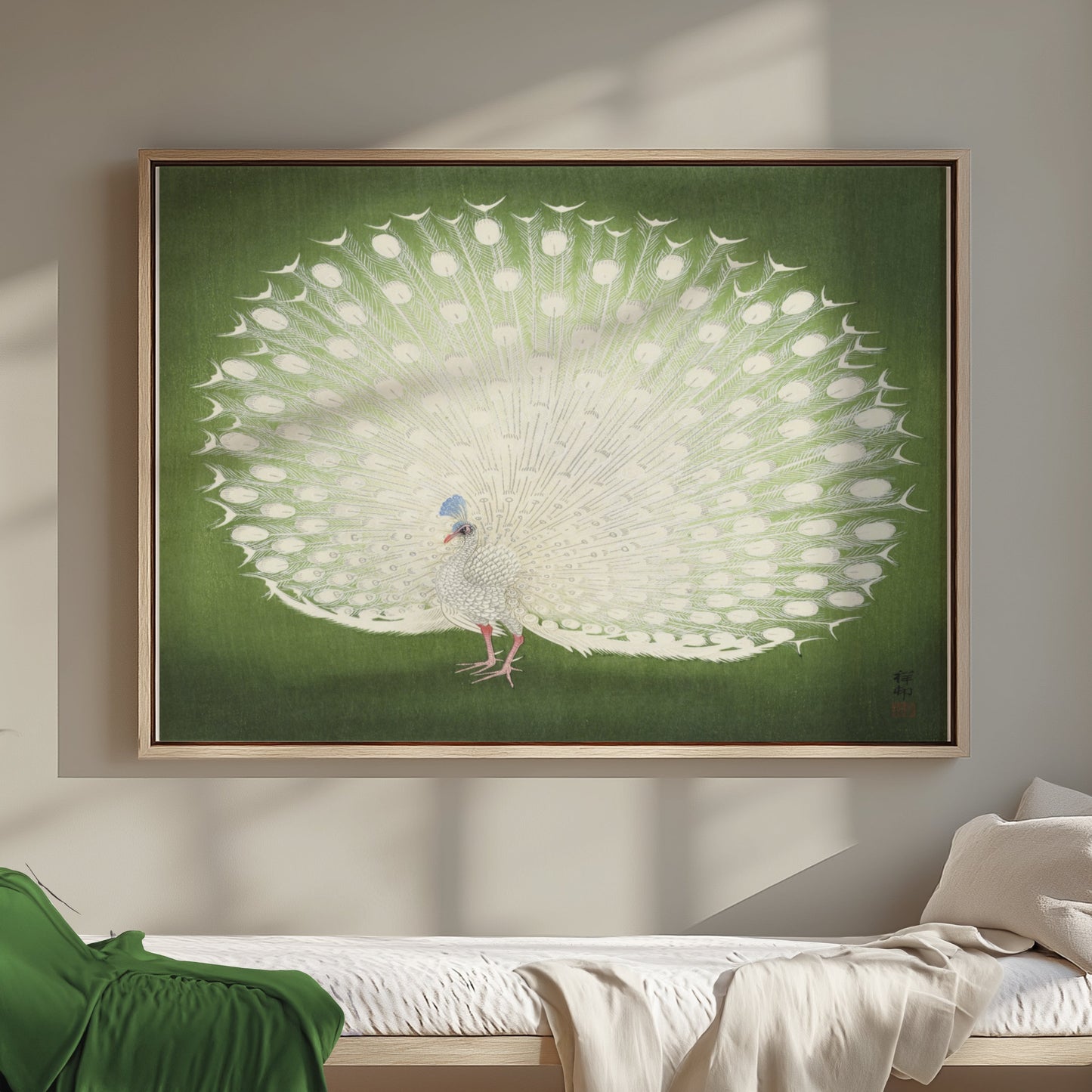 Premium Poster of Beautiful White Peacock Green Background Posters