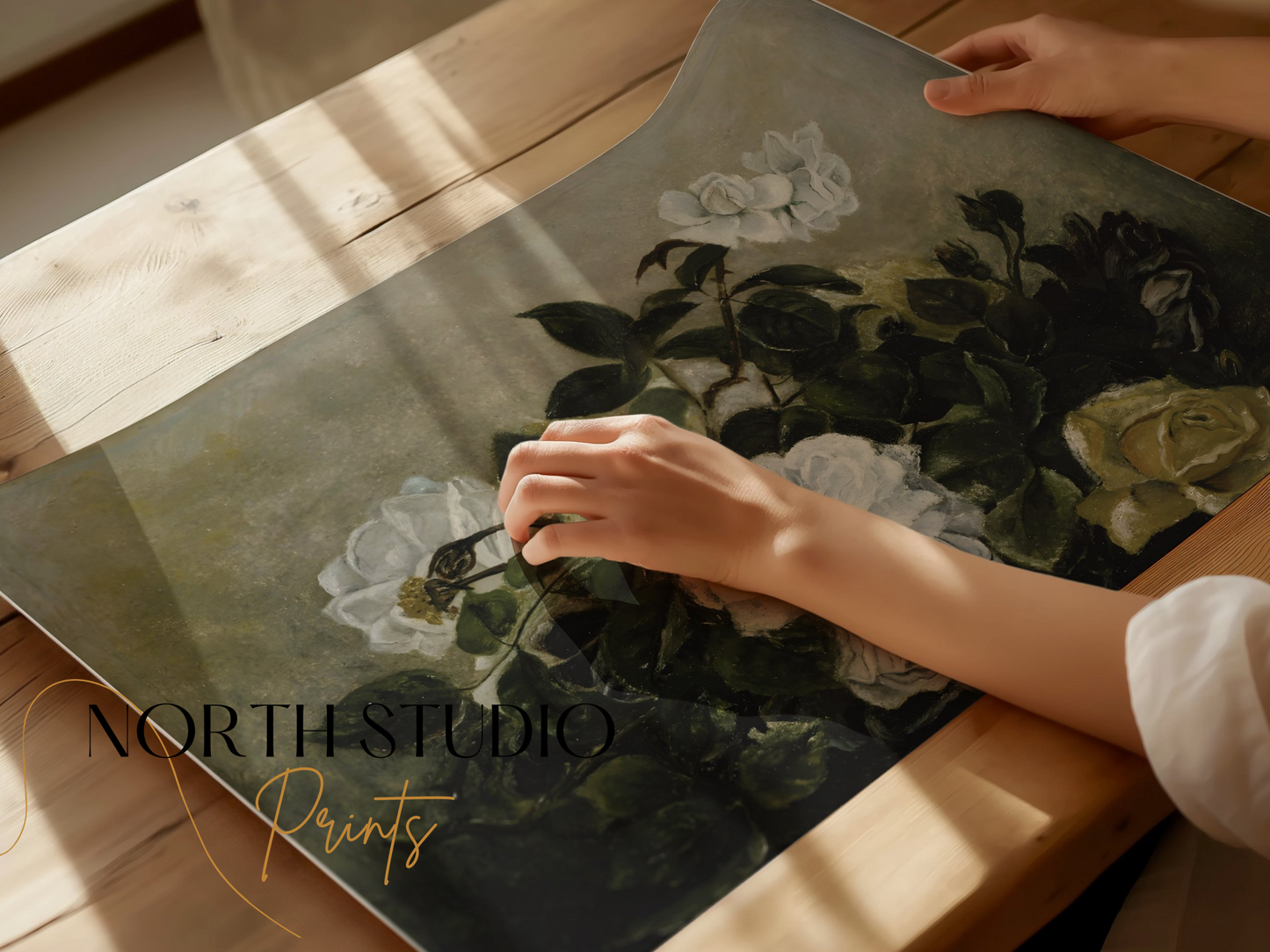 Premium Poster of Beautiful White Roses Blossoming in Lush Greenery Posters