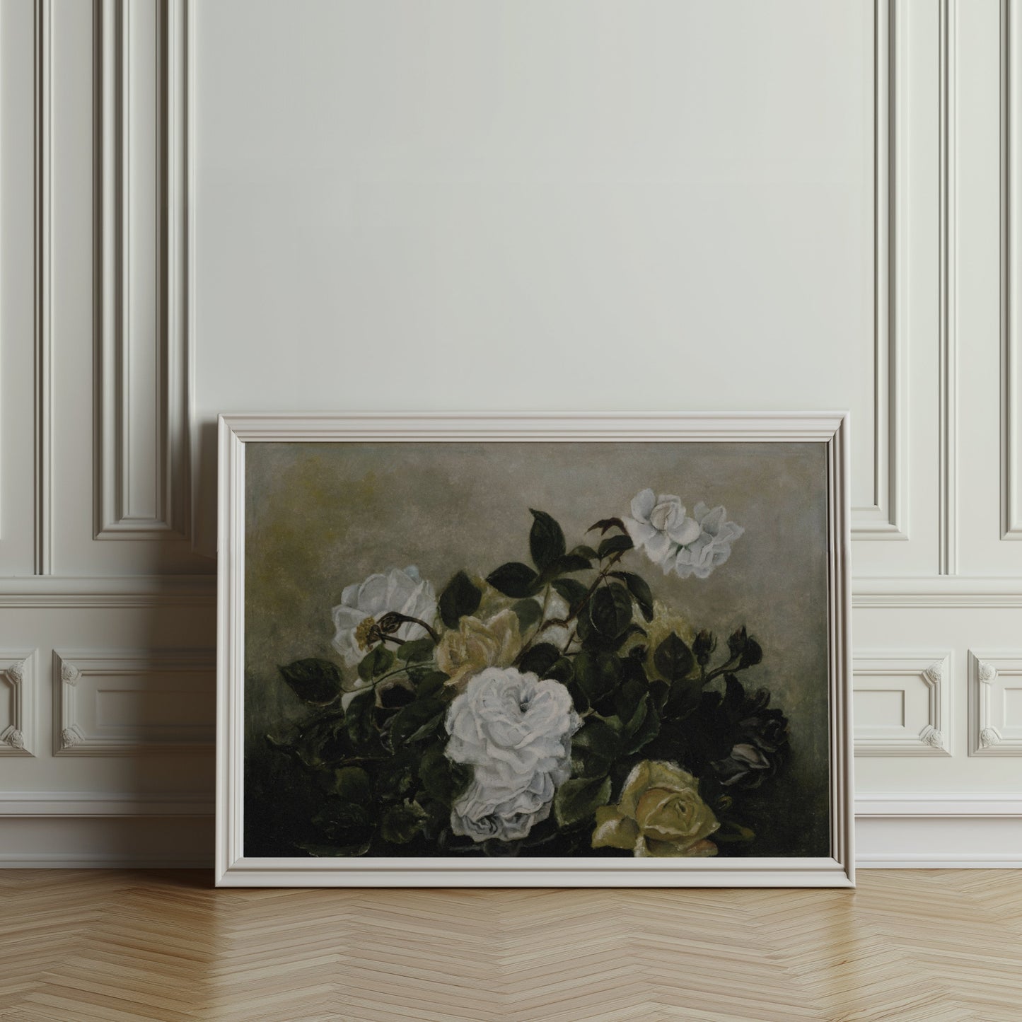 Premium Poster of Beautiful White Roses Blossoming in Lush Greenery Posters