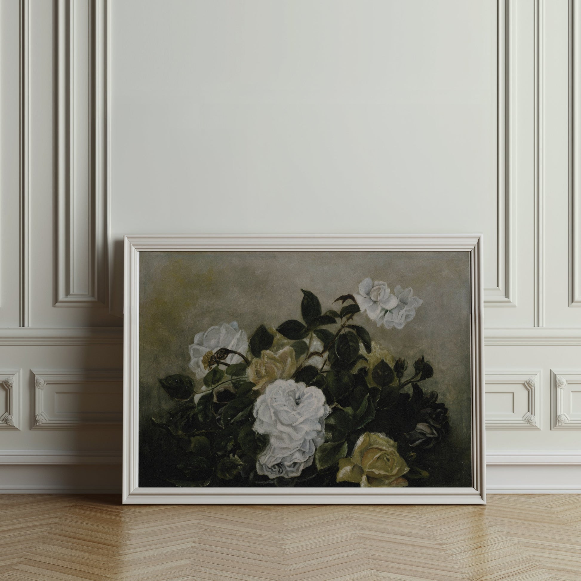Premium Poster of Beautiful White Roses Blossoming in Lush Greenery Posters