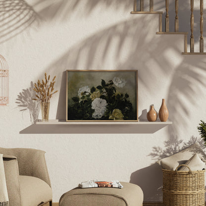 Premium Poster of Beautiful White Roses Blossoming in Lush Greenery Posters