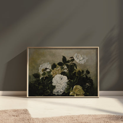 Premium Poster of Beautiful White Roses Blossoming in Lush Greenery Posters