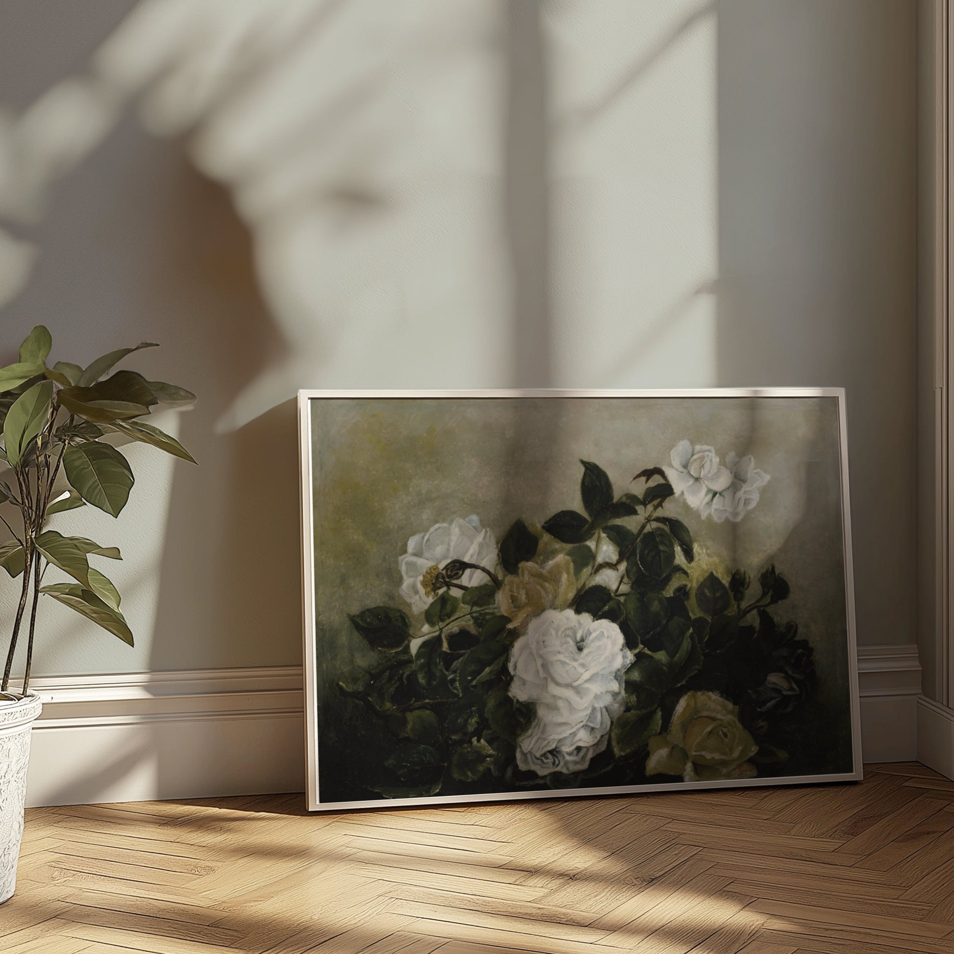 Premium Poster of Beautiful White Roses Blossoming in Lush Greenery Posters
