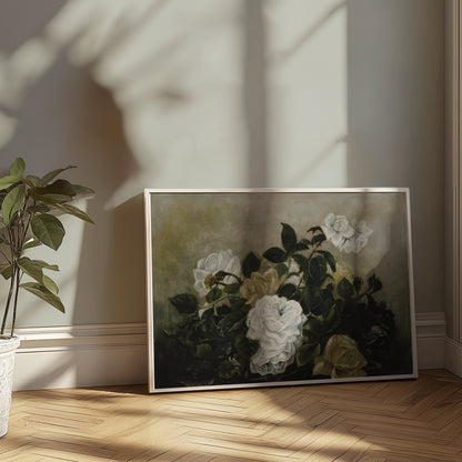 Premium Poster of Beautiful White Roses Blossoming in Lush Greenery Posters
