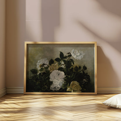 Premium Poster of Beautiful White Roses Blossoming in Lush Greenery Posters