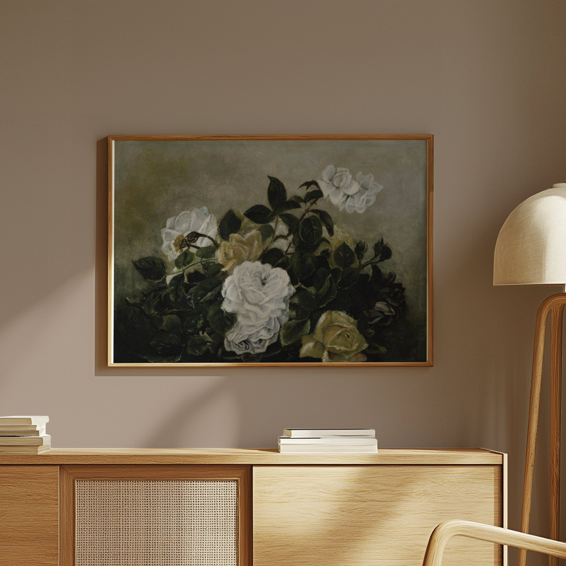 Premium Poster of Beautiful White Roses Blossoming in Lush Greenery Posters