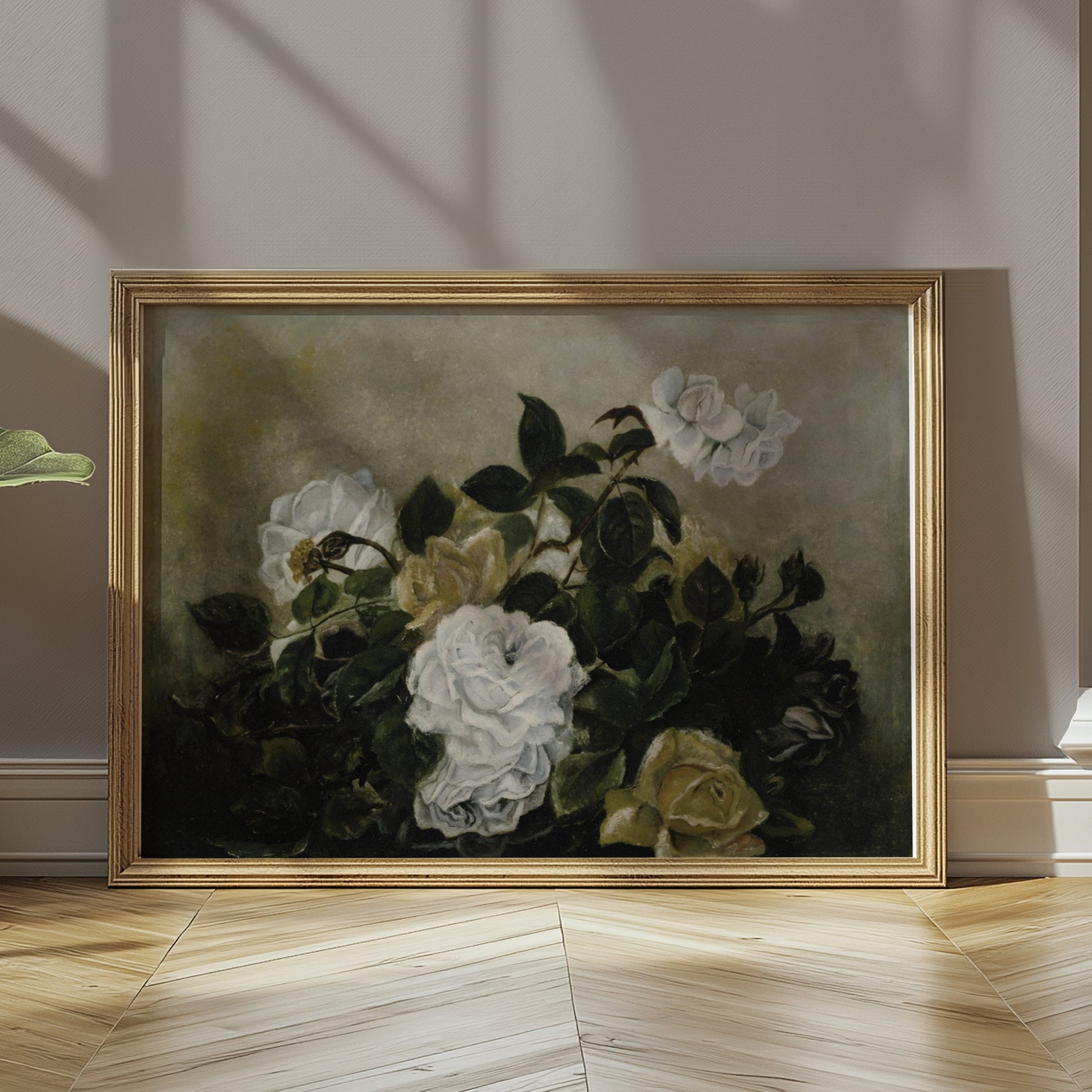 Premium Poster of Beautiful White Roses Blossoming in Lush Greenery Posters