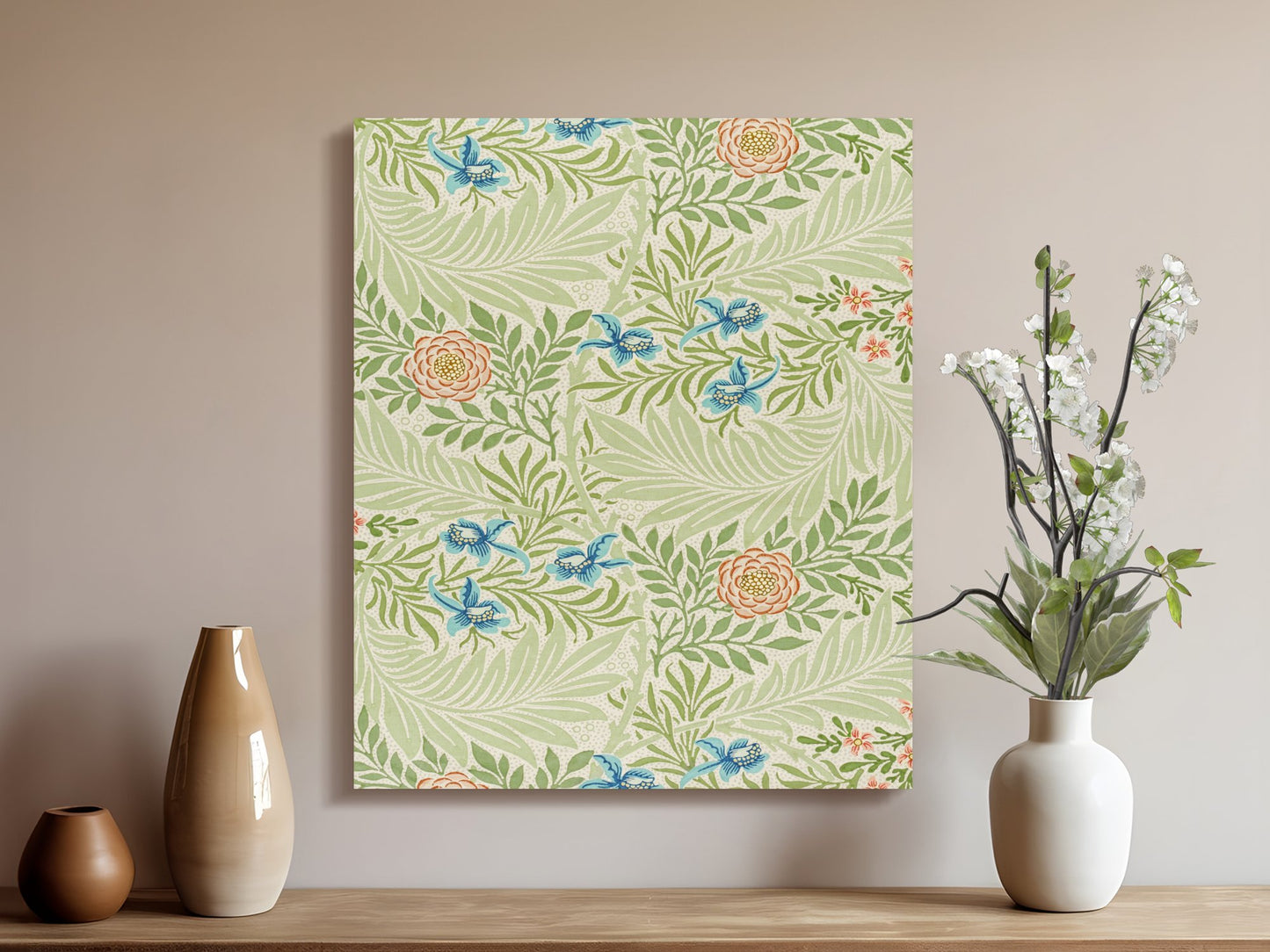 William Morris floral canvas wrap displayed in a minimalist room with vases and white flowers, showcasing botanical art and nature decor.