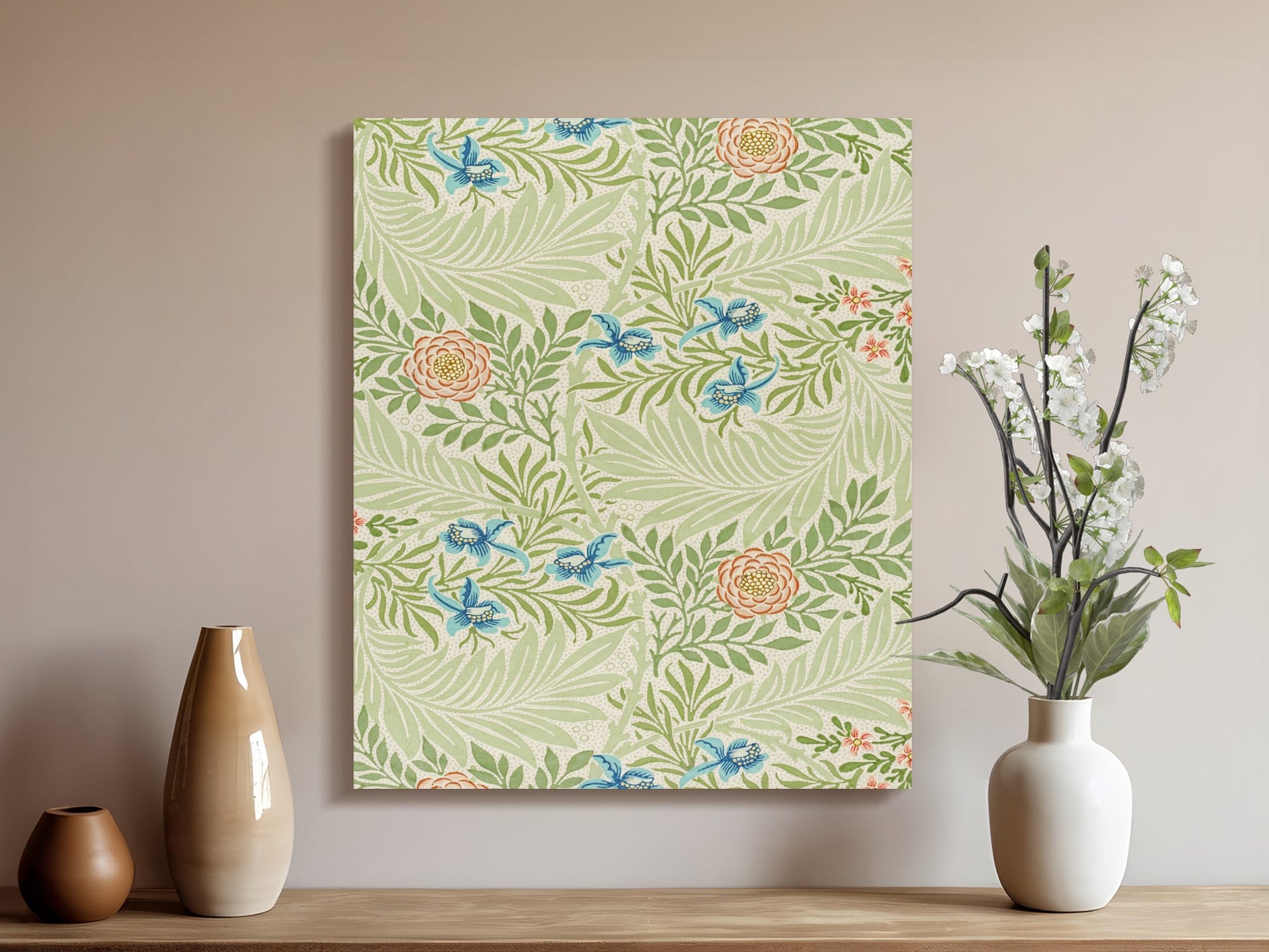 William Morris floral canvas wrap displayed in a minimalist room with vases and white flowers, showcasing botanical art and nature decor.