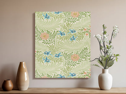 William Morris floral canvas wrap displayed in a minimalist room with vases and white flowers, showcasing botanical art and nature decor.
