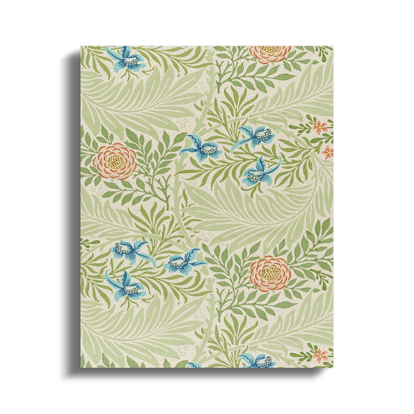 Beautiful William Morris floral pattern canvas wraps featuring green leaves, blue flowers, and peach roses in a Victorian-style design.