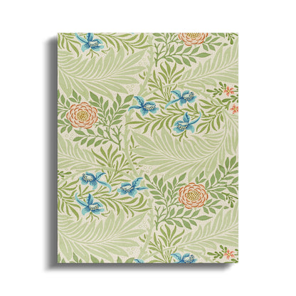 Beautiful William Morris floral pattern canvas wraps featuring green leaves, blue flowers, and peach roses in a Victorian-style design.