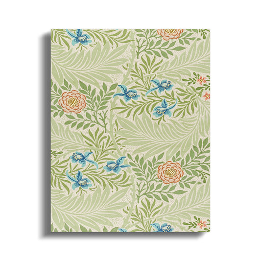Beautiful William Morris floral pattern canvas wraps featuring green leaves, blue flowers, and peach roses in a Victorian-style design.