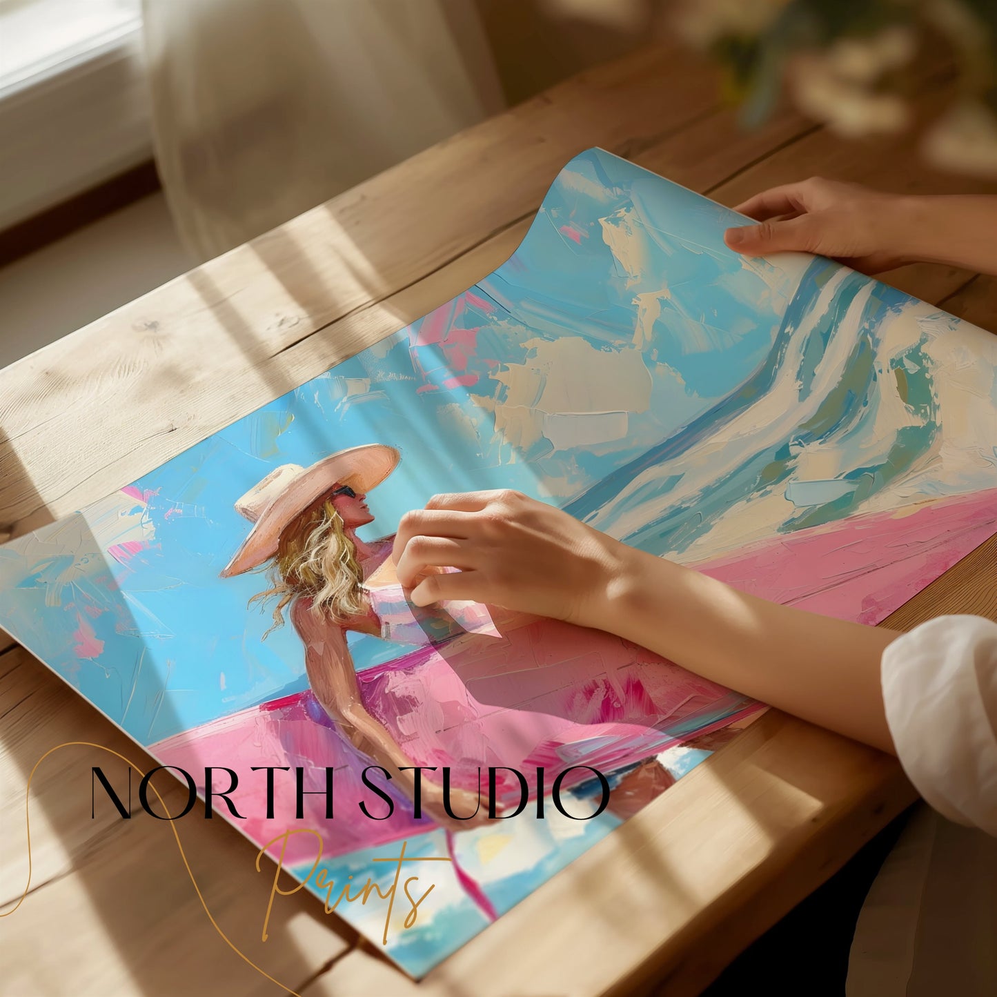 Premium Poster of Beautiful Woman Holding Surfboard Seaside Scenic Posters
