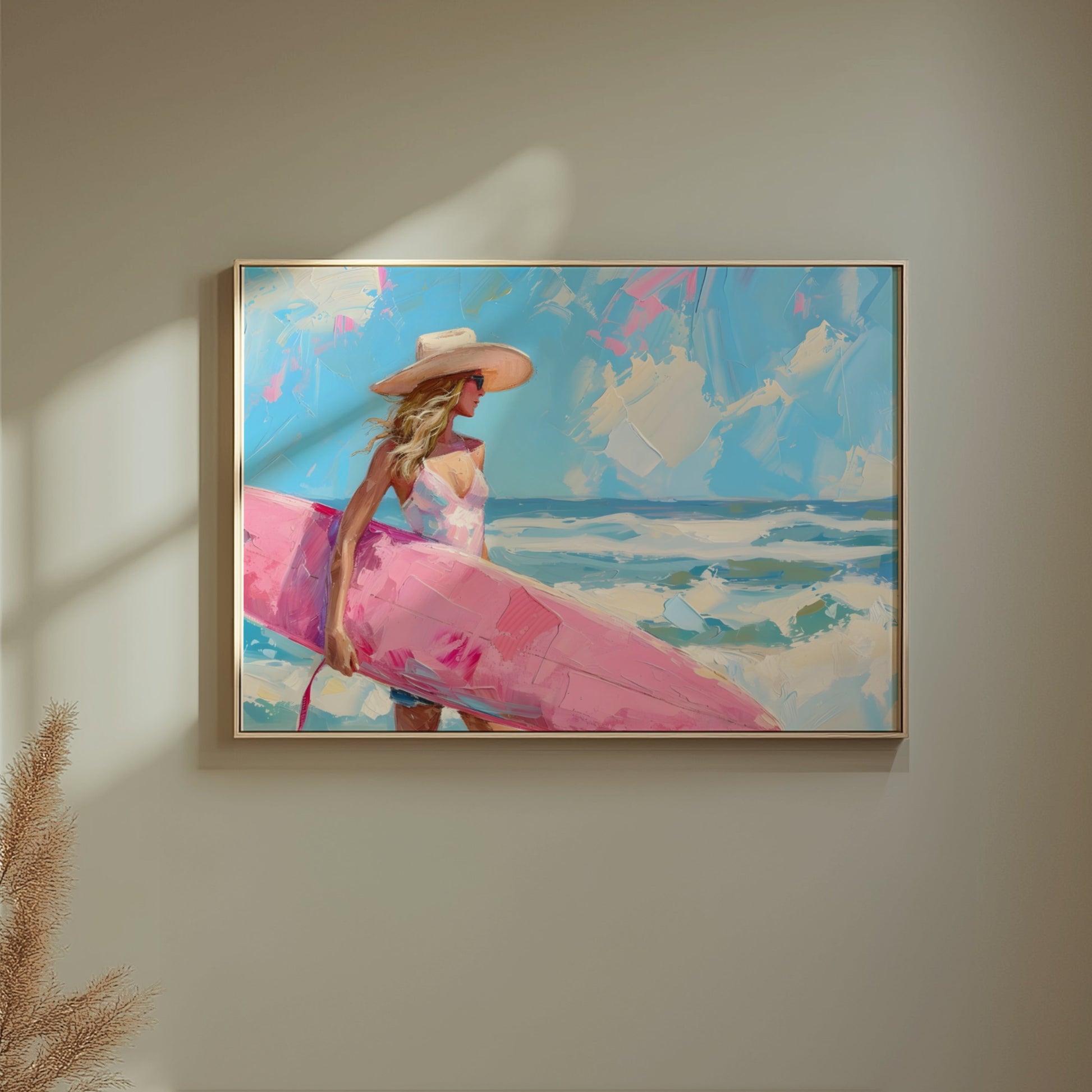 Premium Poster of Beautiful Woman Holding Surfboard Seaside Scenic Posters