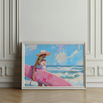 Premium Poster of Beautiful Woman Holding Surfboard Seaside Scenic Posters
