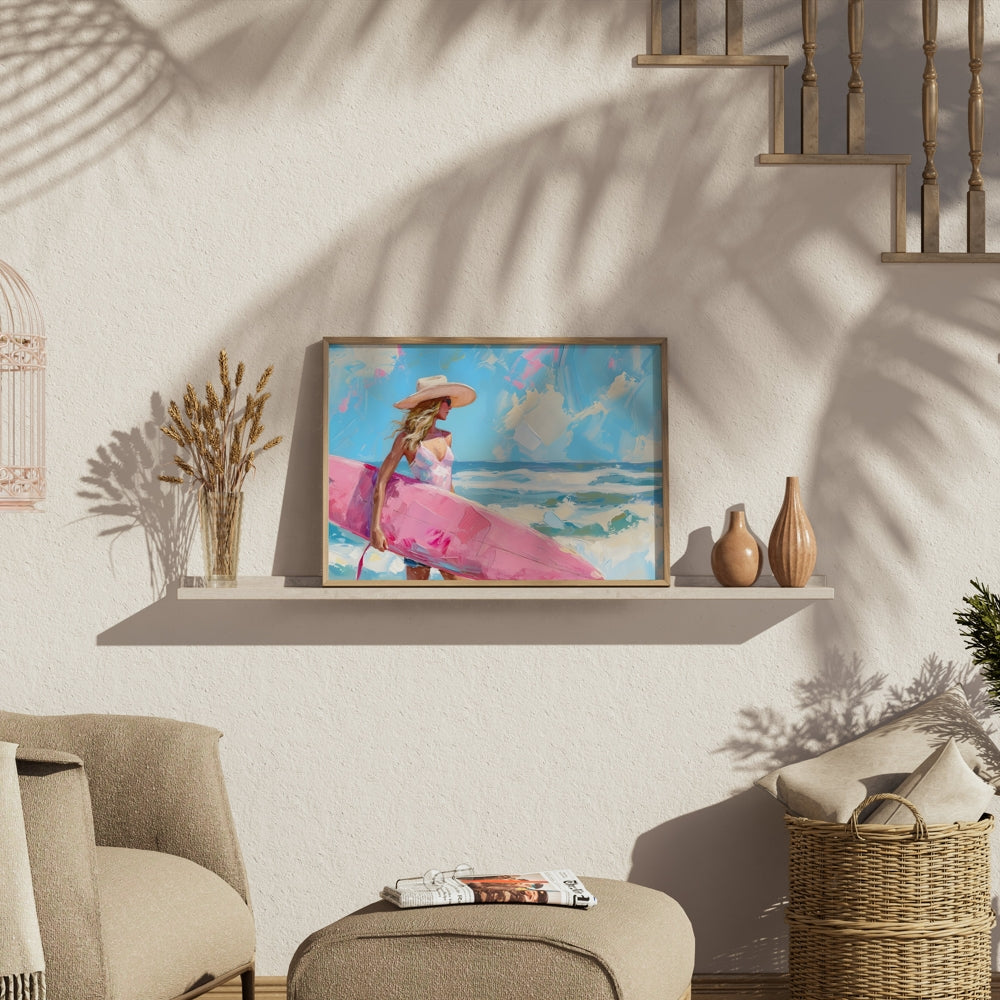 Premium Poster of Beautiful Woman Holding Surfboard Seaside Scenic Posters