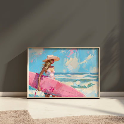 Premium Poster of Beautiful Woman Holding Surfboard Seaside Scenic Posters