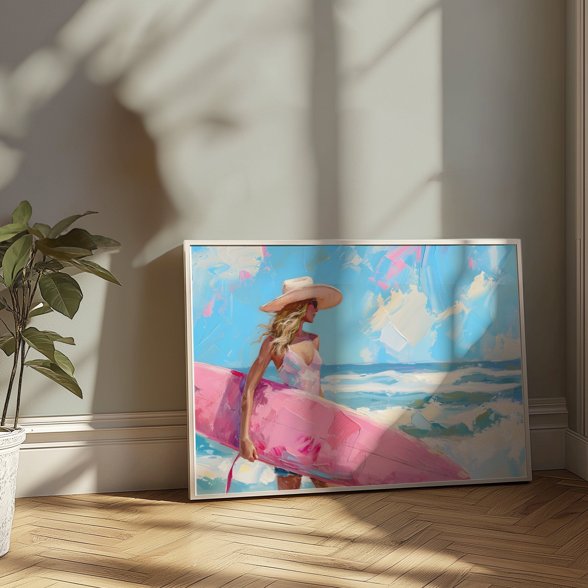 Premium Poster of Beautiful Woman Holding Surfboard Seaside Scenic Posters