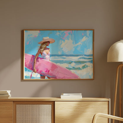 Premium Poster of Beautiful Woman Holding Surfboard Seaside Scenic Posters
