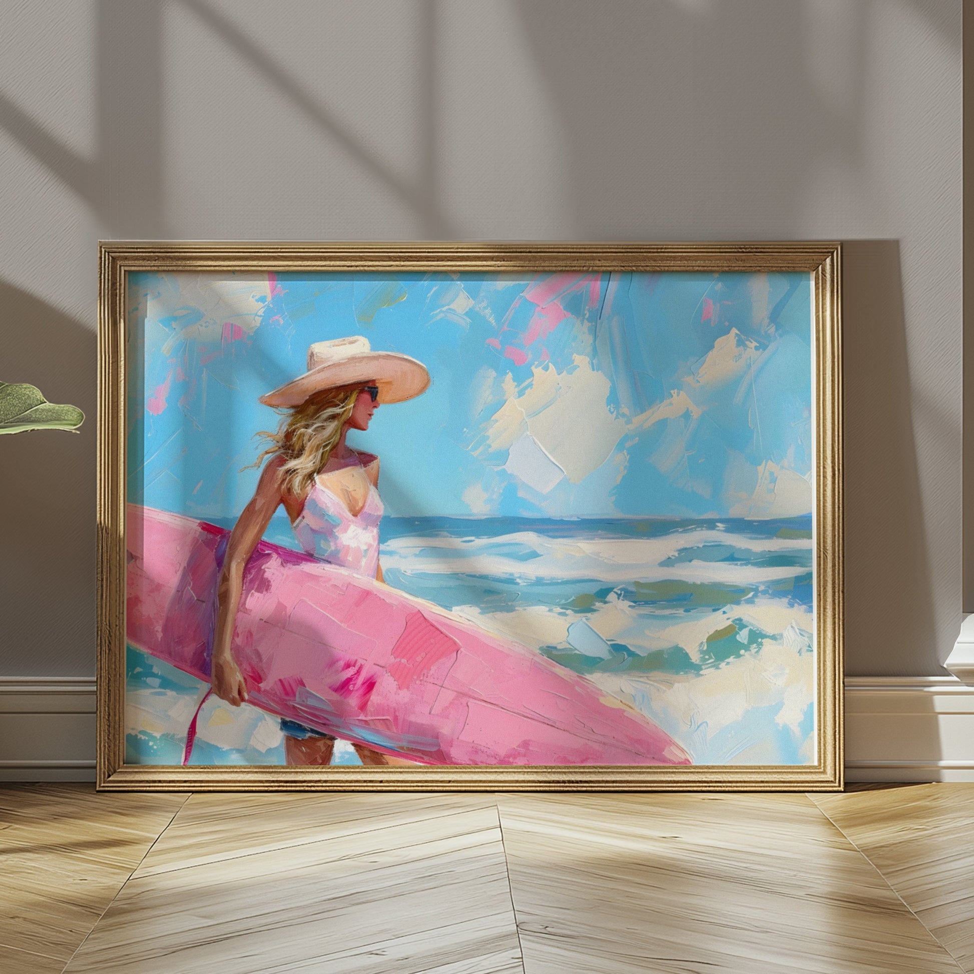 Premium Poster of Beautiful Woman Holding Surfboard Seaside Scenic Posters