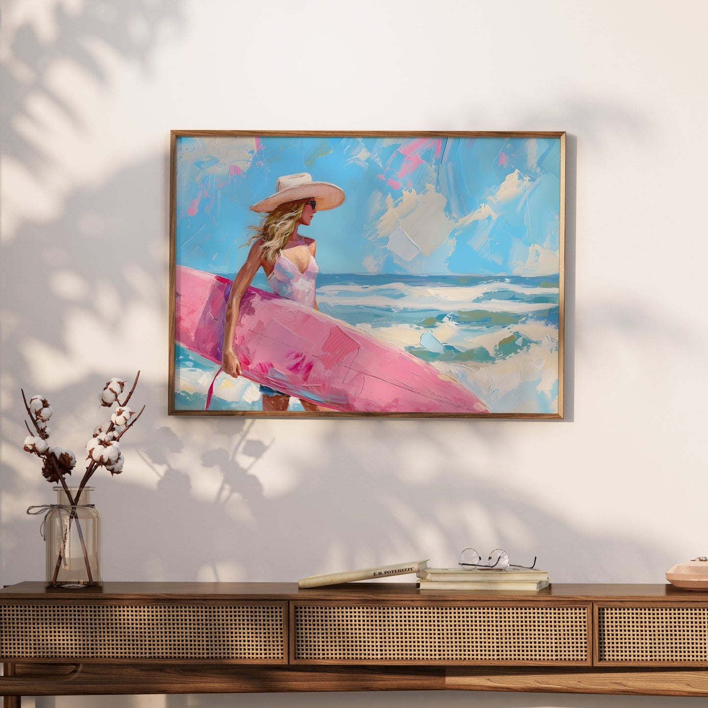 Premium Poster of Beautiful Woman Holding Surfboard Seaside Scenic Posters
