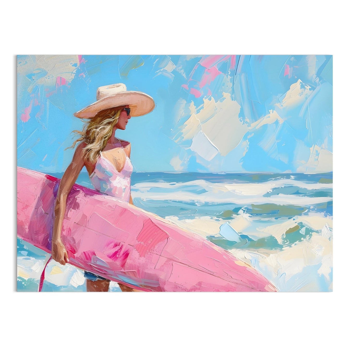 Premium Poster of Beautiful Woman Holding Surfboard Seaside Scenic Posters