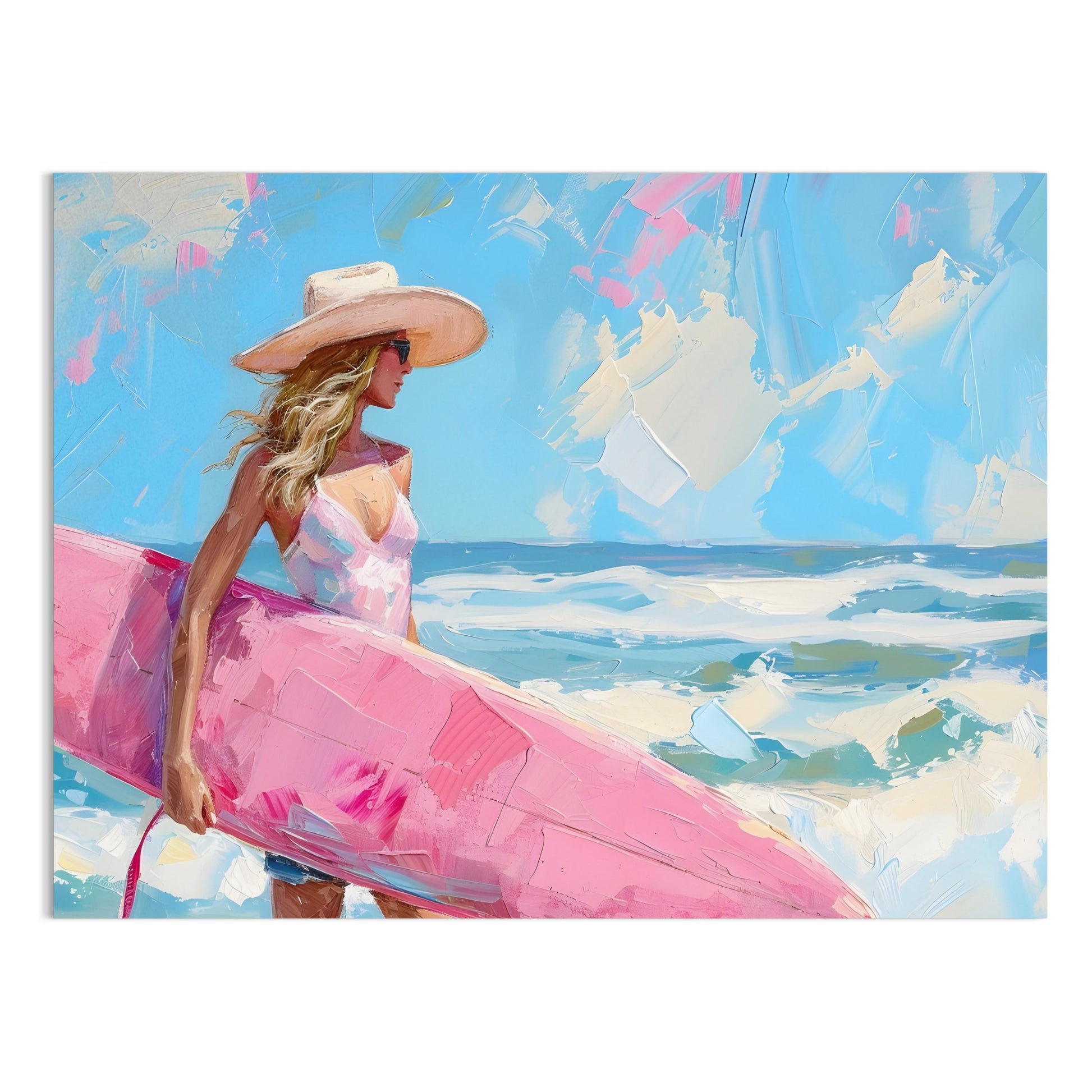 Premium Poster of Beautiful Woman Holding Surfboard Seaside Scenic Posters