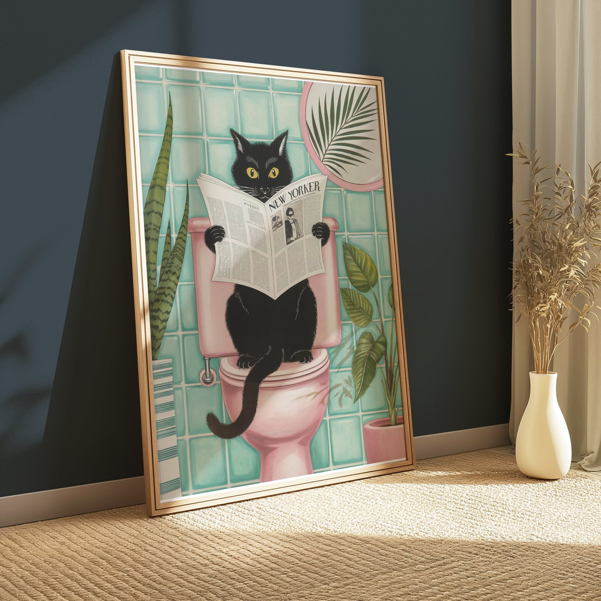 Premium Poster of Black Cat Reading Newspaper on Toilet Posters