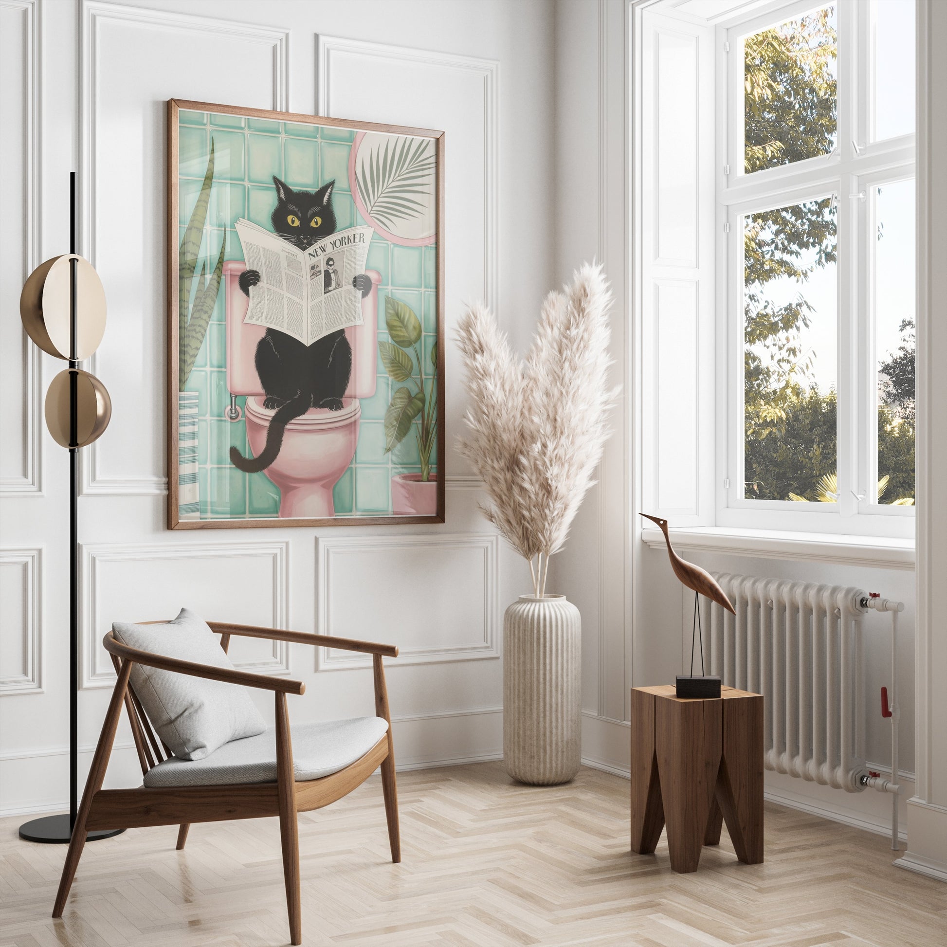 Premium Poster of Black Cat Reading Newspaper on Toilet Posters