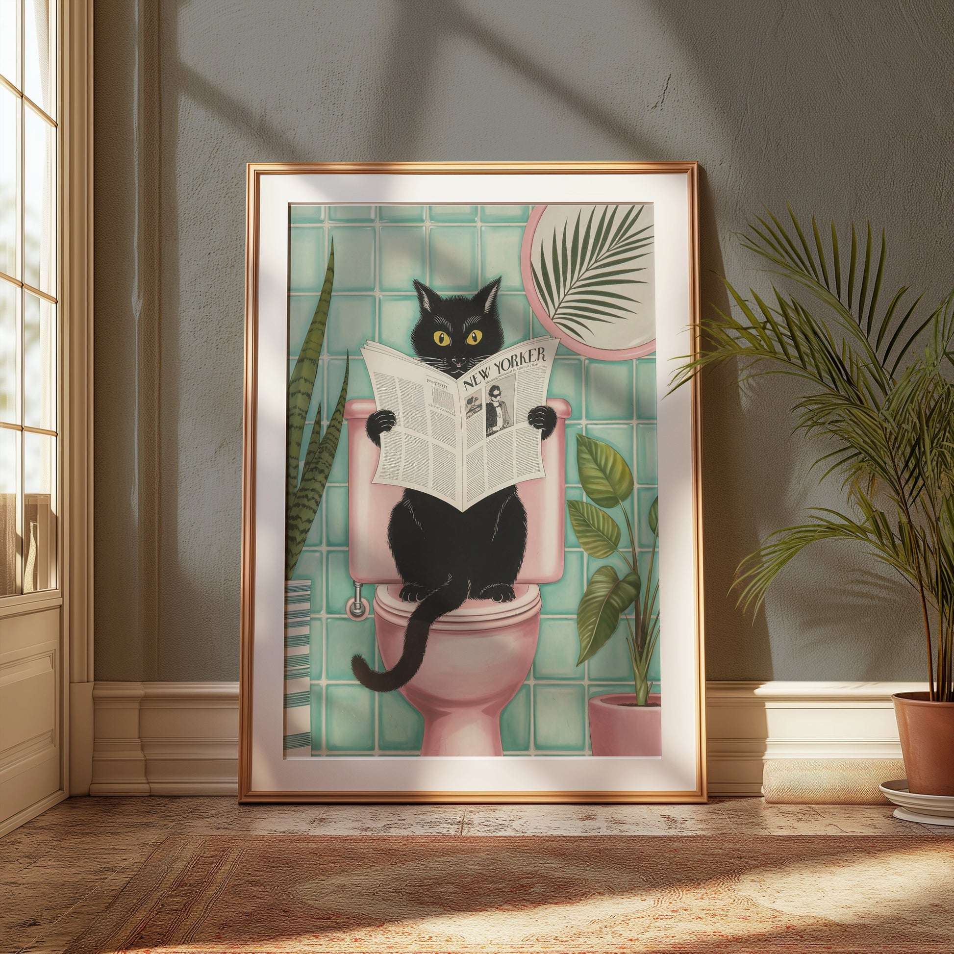 Premium Poster of Black Cat Reading Newspaper on Toilet Posters