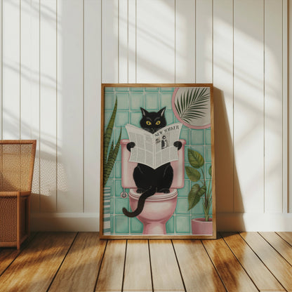 Premium Poster of Black Cat Reading Newspaper on Toilet Posters