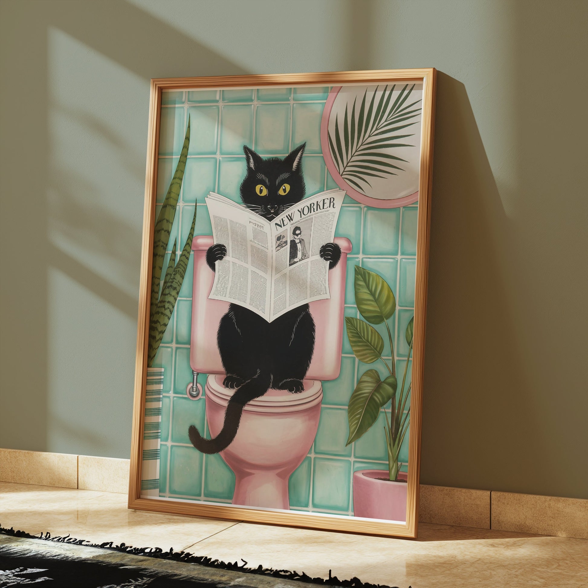 Premium Poster of Black Cat Reading Newspaper on Toilet Posters