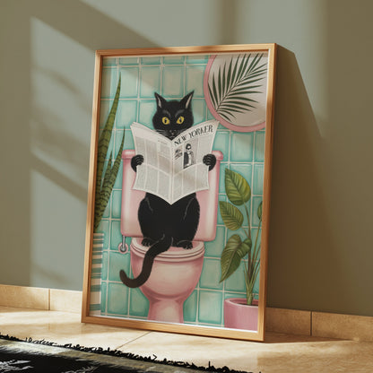 Premium Poster of Black Cat Reading Newspaper on Toilet Posters