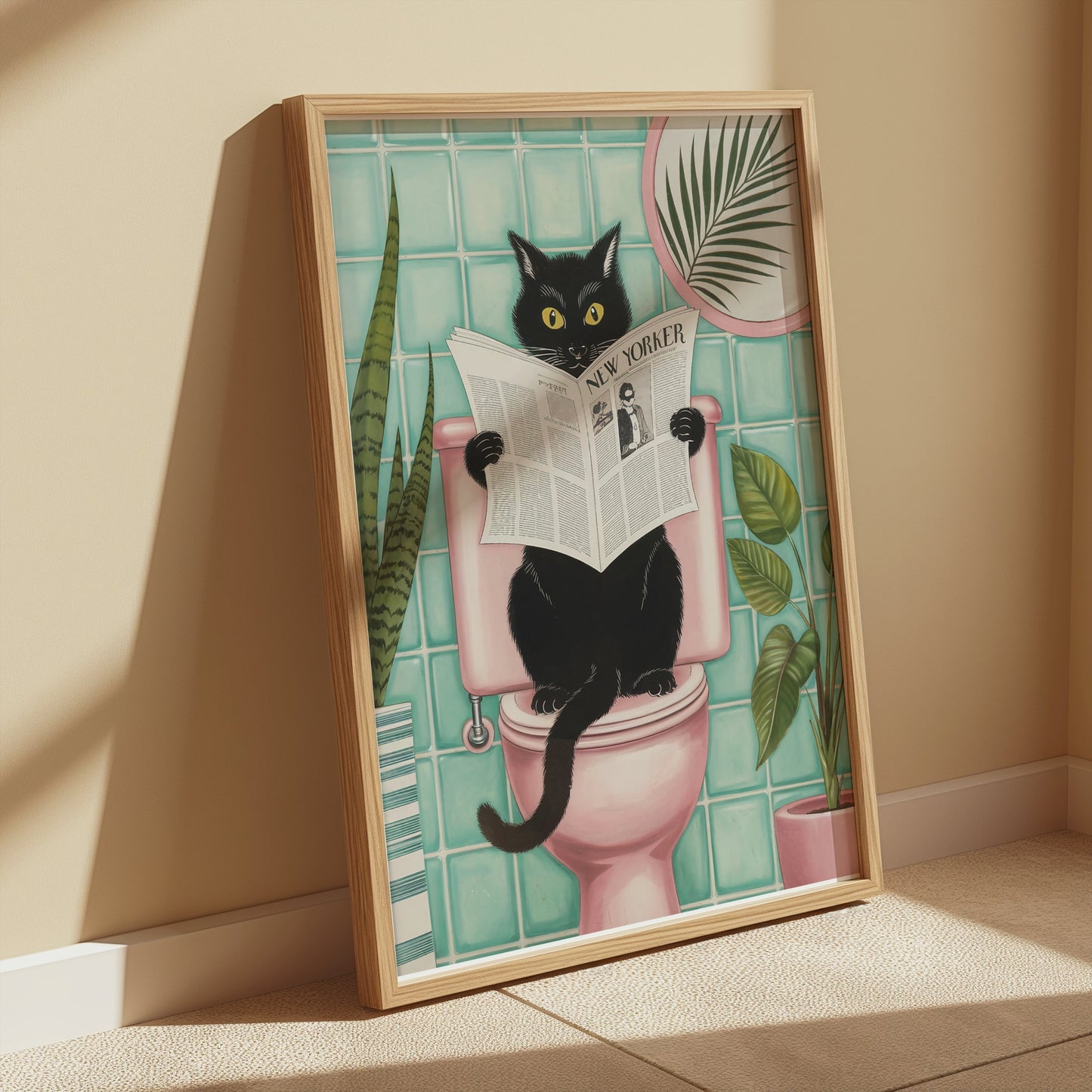 Premium Poster of Black Cat Reading Newspaper on Toilet Posters