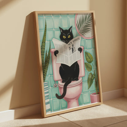 Premium Poster of Black Cat Reading Newspaper on Toilet Posters