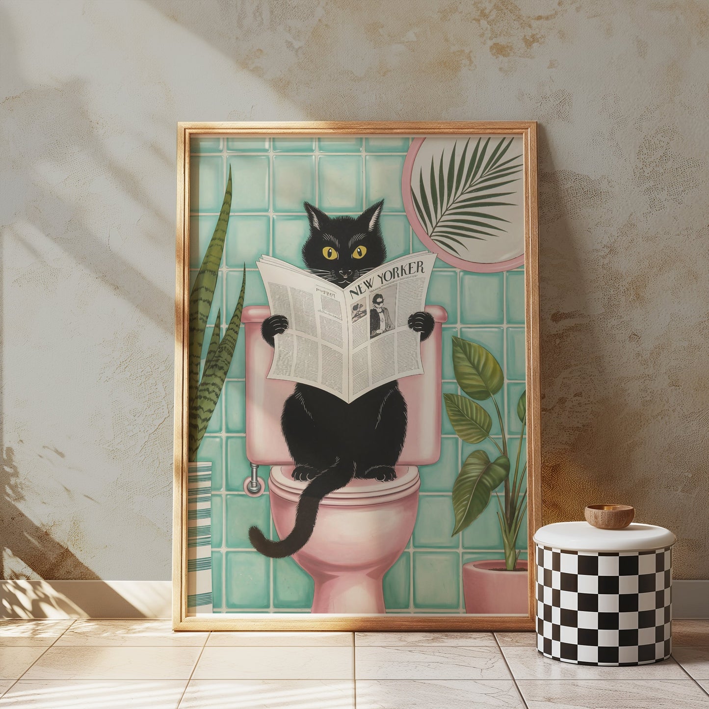 Premium Poster of Black Cat Reading Newspaper on Toilet Posters