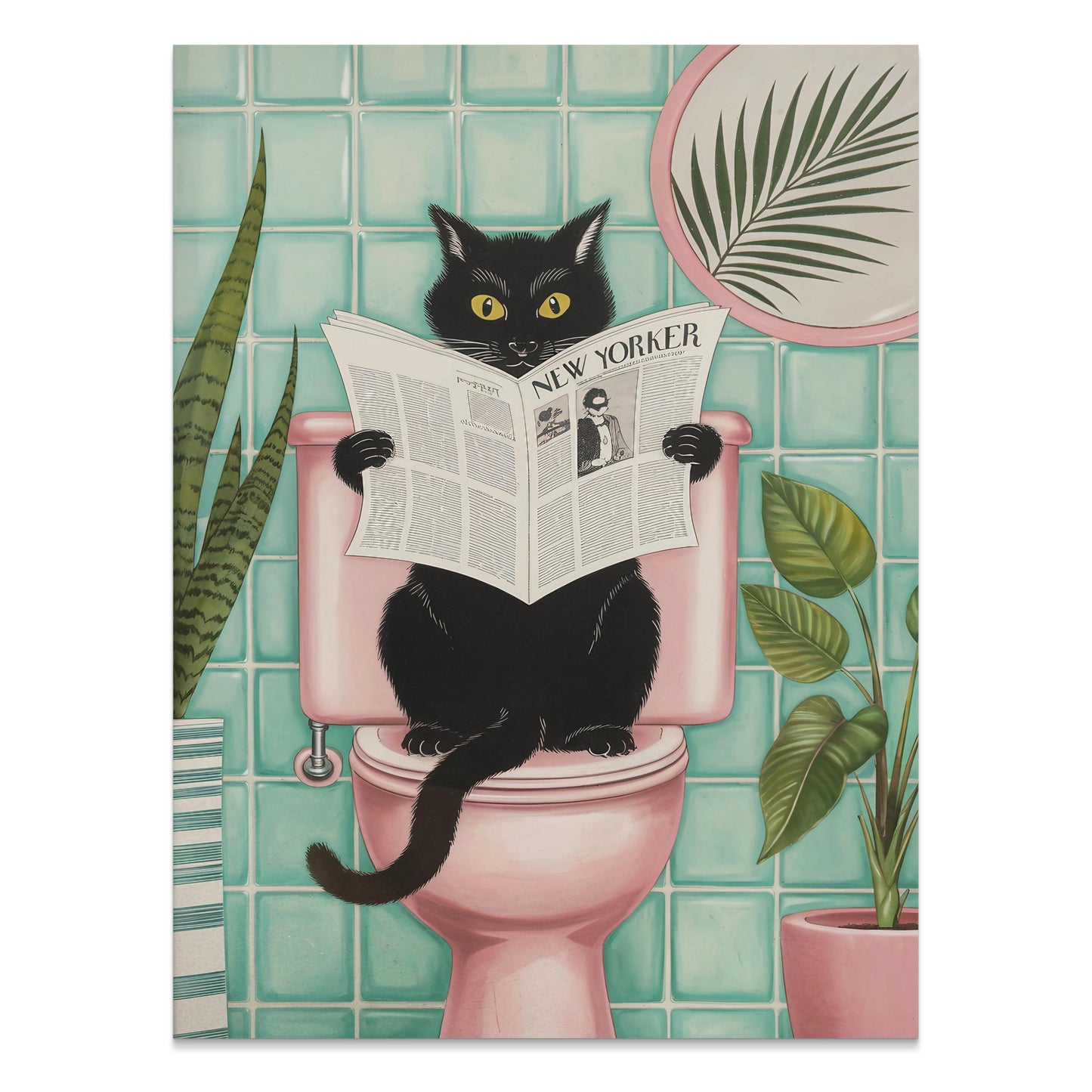 Premium Poster of Black Cat Reading Newspaper on Toilet Posters