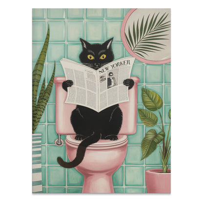 Premium Poster of Black Cat Reading Newspaper on Toilet Posters